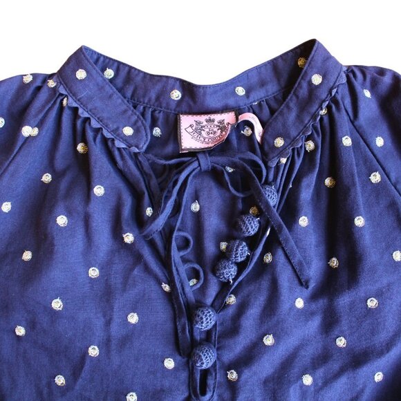 Juicy Couture Navy Blue Blouse w Short Puff Sleeves and Gold Embroidery 2 Small - Picture 3 of 7